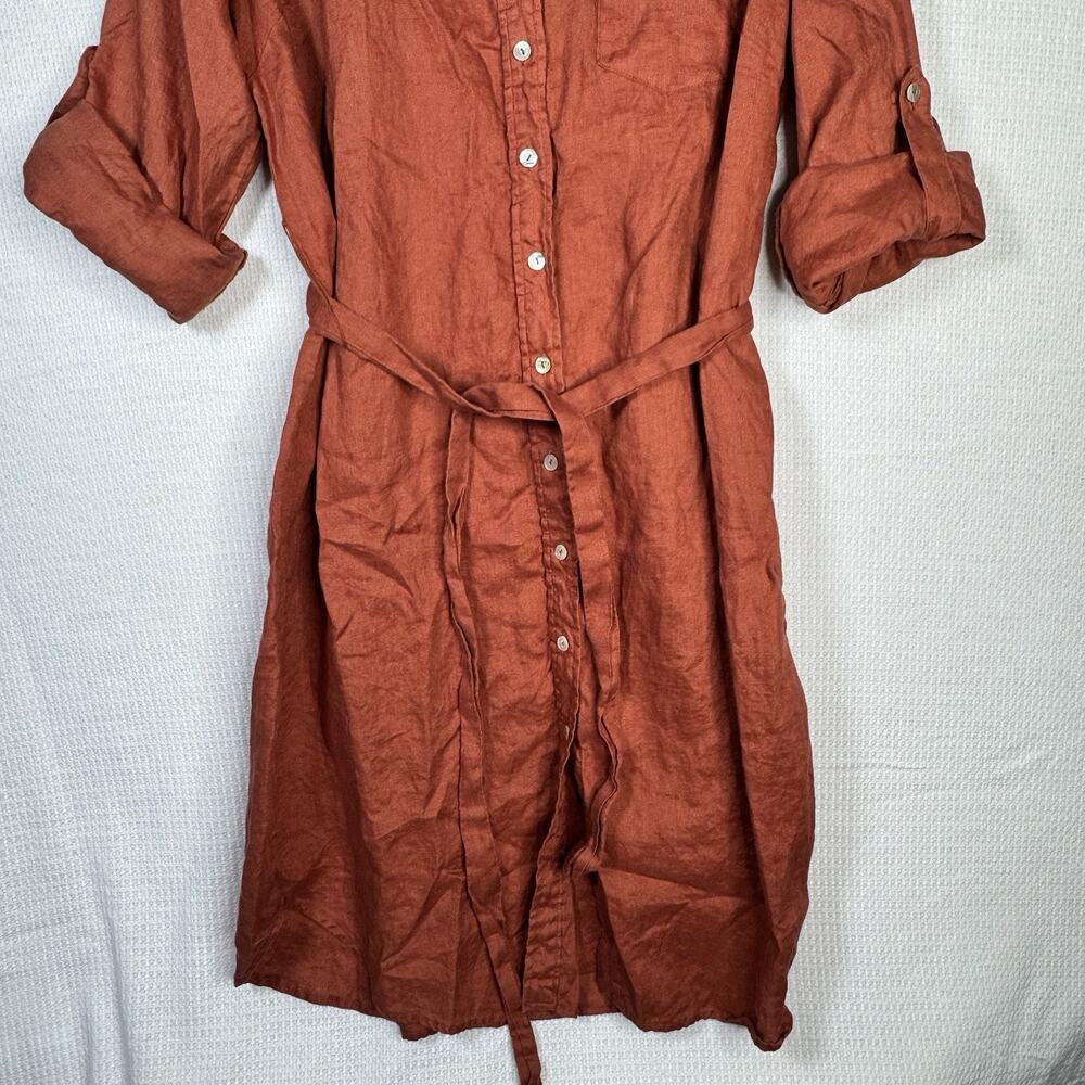 Magaschoni 100% Linen Shirt Dress Coral Roll Tab Sleeve Belted Size Large - Picture 4 of 13